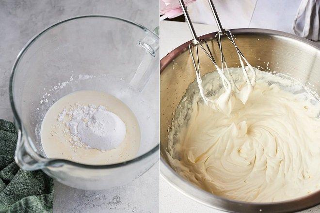 Công đoạn đánh bông whipping cream với sữa tươi.